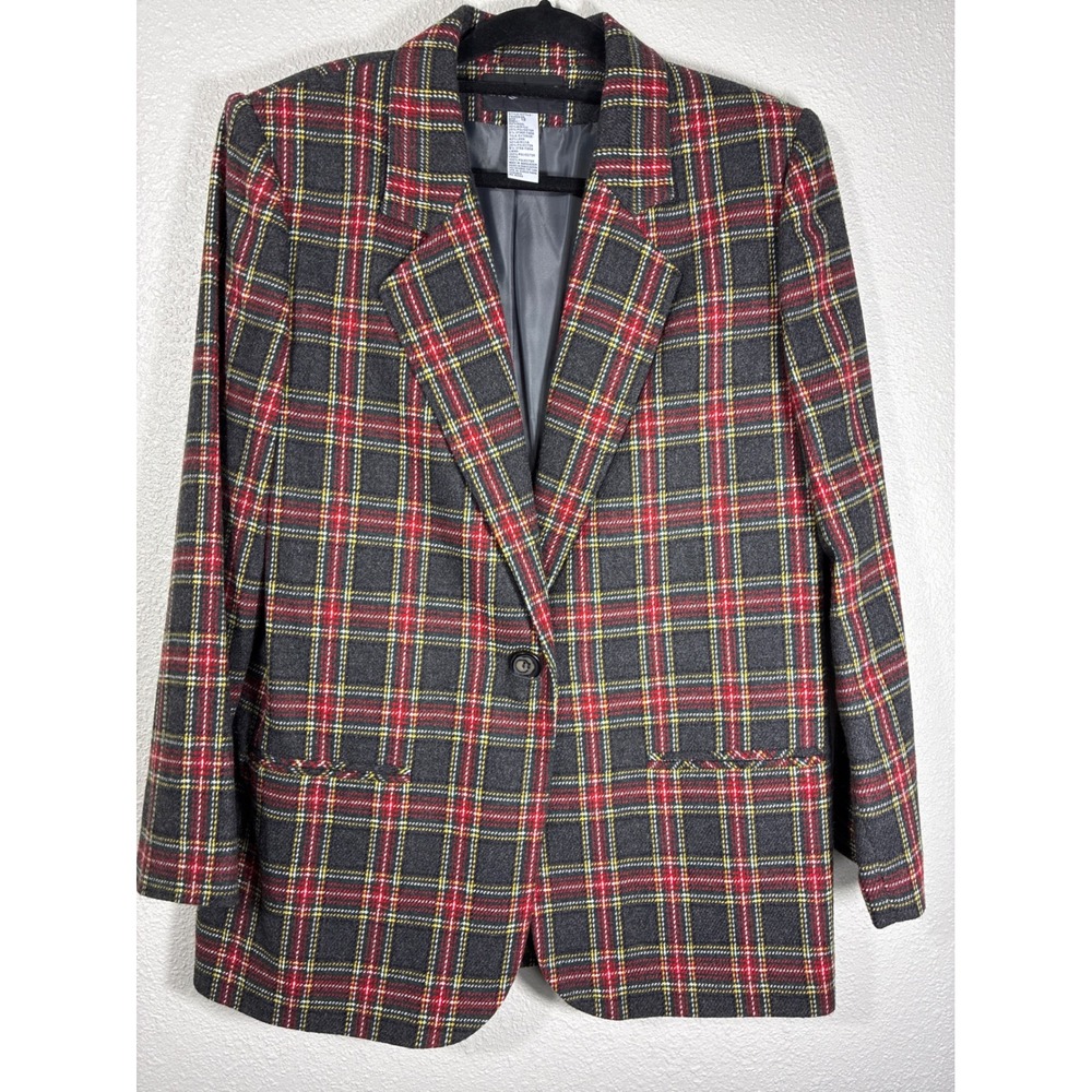 Sag Harbor Plaid Blazer Jacket Womens Red Grey Yellow Tartan Single Button Sz 12